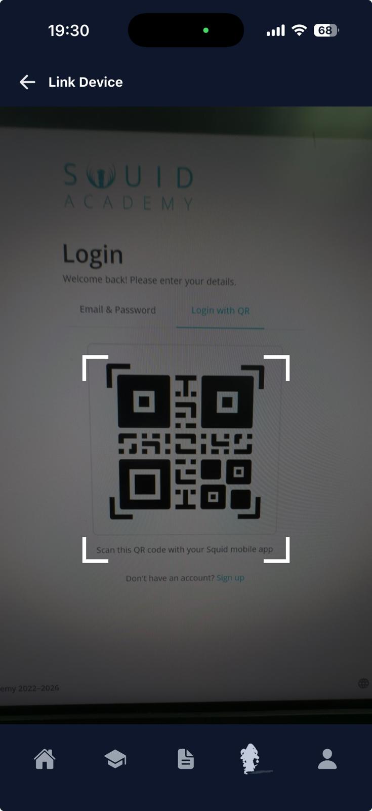 QR code login screen to securely link the mobile app to the web platform