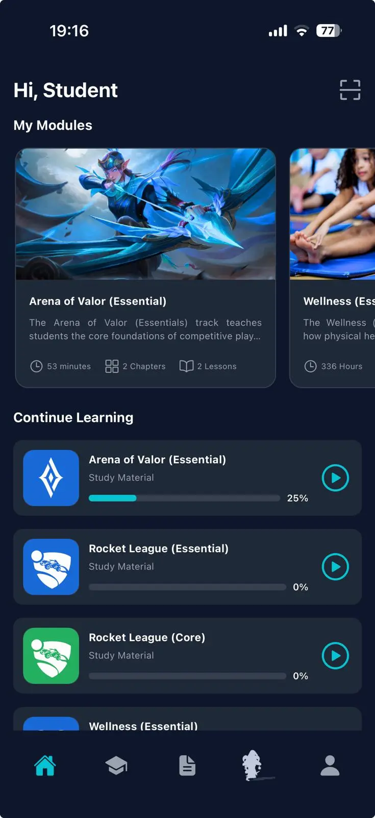 Squid Academy mobile app home screen with My Modules and Continue Learning