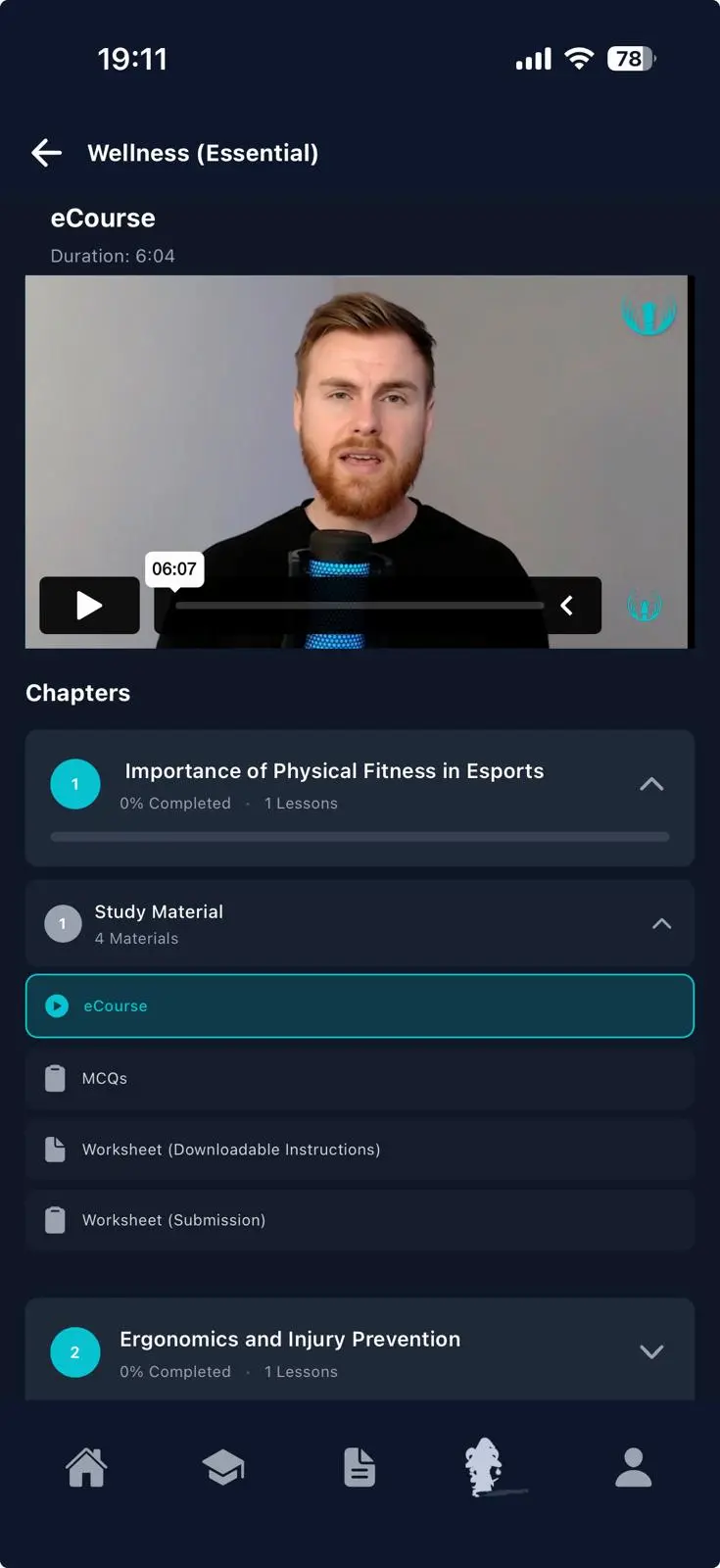 Lesson screen with embedded video player and chapter materials