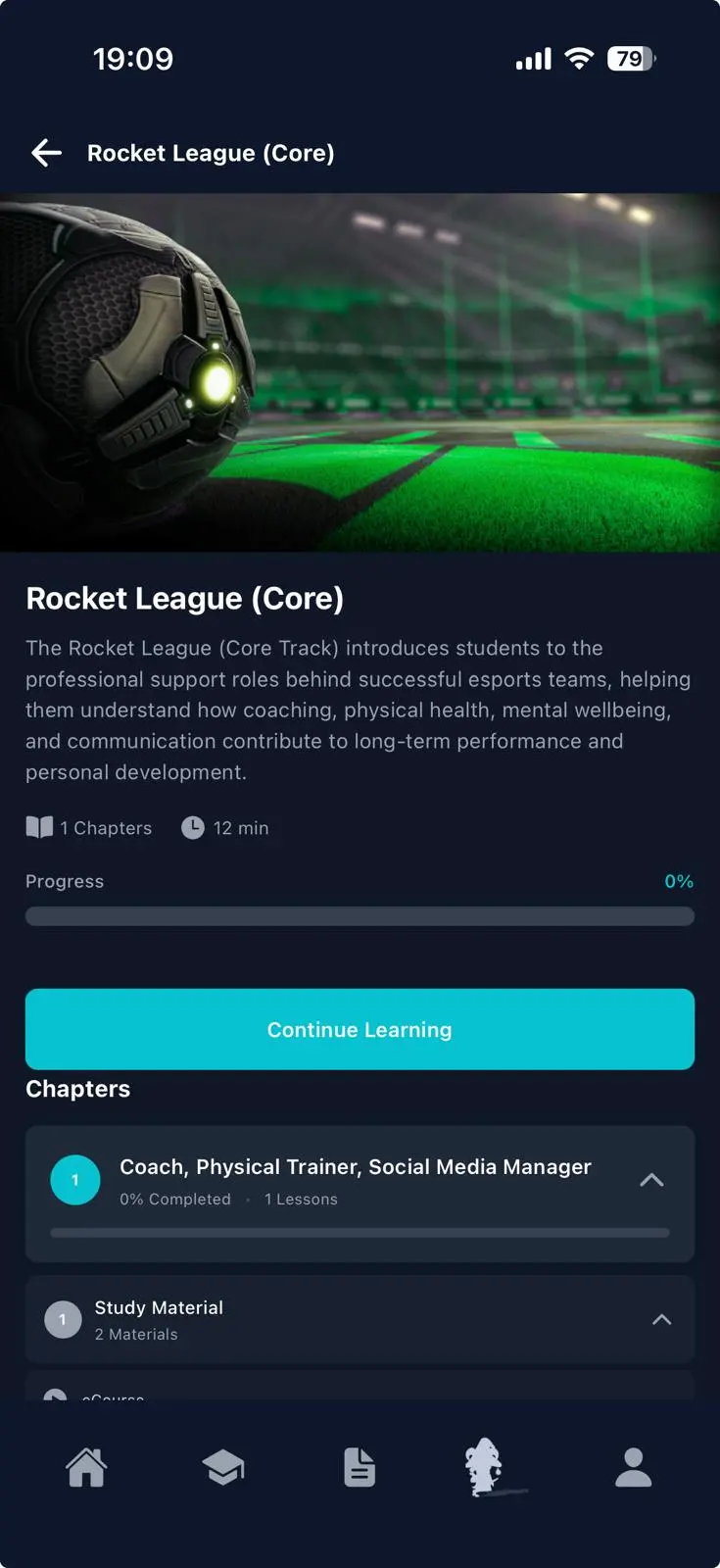 Course overview screen showing Rocket League (Core) details and chapters