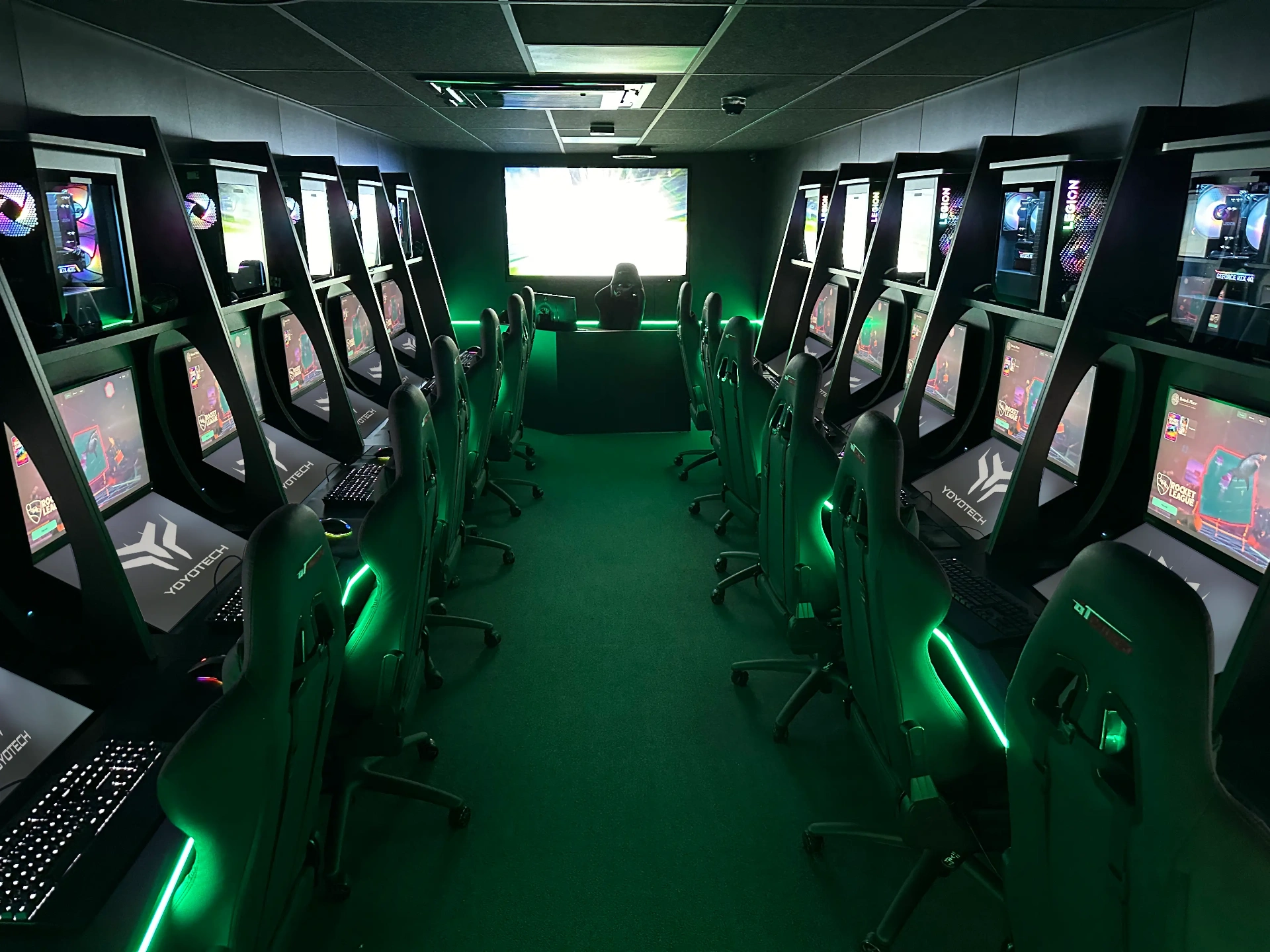 Completed professional esports gaming center with ambient lighting and premium equipment