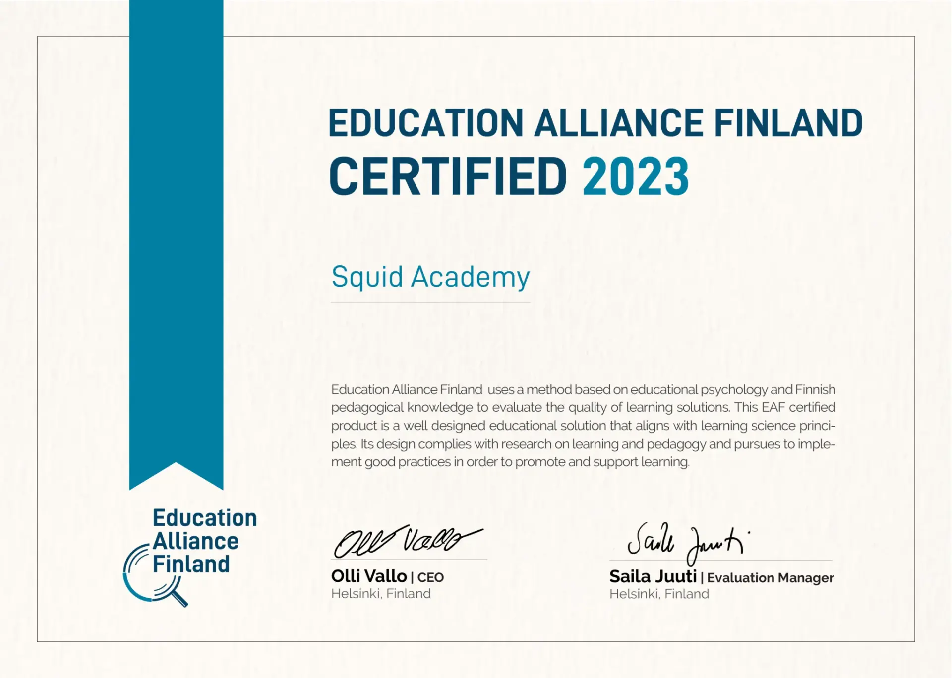 Education Alliance Finland Certification