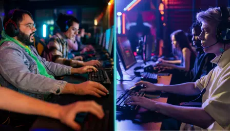 Professional esports players in competitive gaming environment with neon lighting